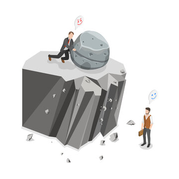 3D Isometric Flat  Illustration of Sabotage, Businessman Using Rock To Eliminate Competitor In Business Feud