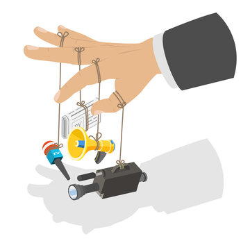 3D Isometric Flat  Illustration of Fake And Disinformation, Businessman Arm Manipulating Media