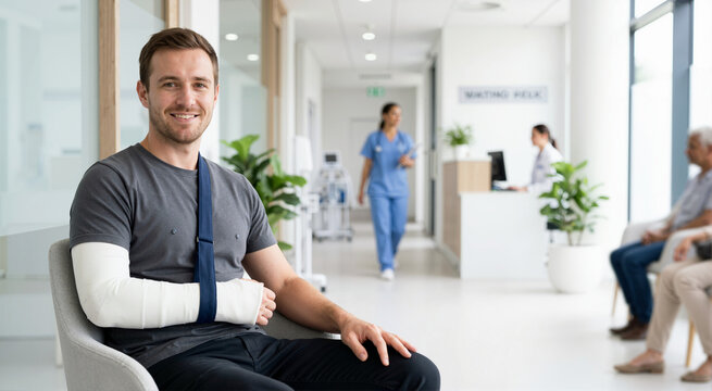 Man with a broken arm in a cast sitting in a hospital waiting room. Medical recovery concept