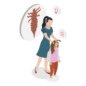 3D Isometric Flat  Illustration of Pediculosis, Mother Searching For Lice In Child Hair Due To Parasite Infection