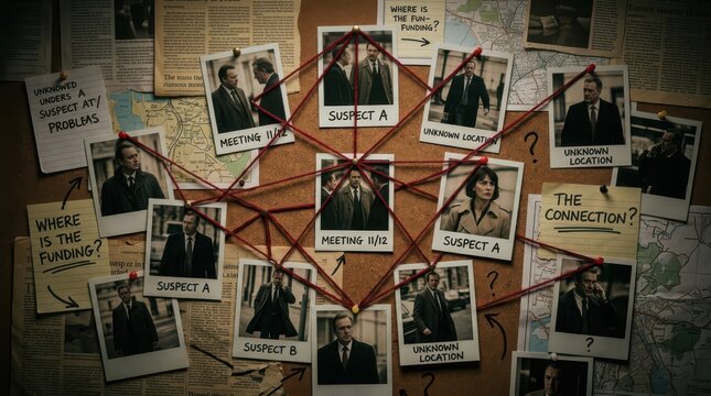 Conspiracy theory investigation board with photos red string and handwritten notes
