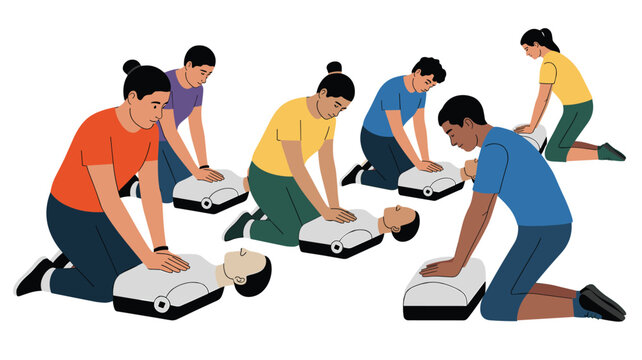 A diverse group of trainees kneels on the floor to practice life-saving cardiopulmonary resuscitation techniques on medical training mannequins.