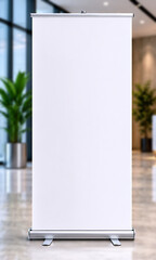 Blank Roll-Up Banner Stand Mockup in Elegant Office Lobby with Blurred Background Plants
