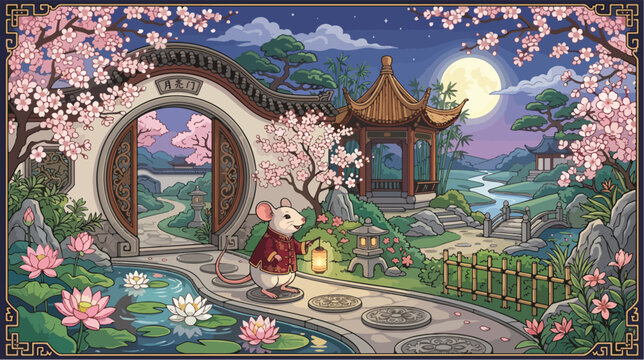 Cute anthropomorphic mouse wearing traditional chinese clothing holds a glowing lantern in a beautiful moonlit garden