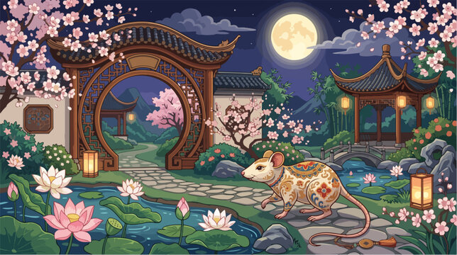 Ornate patterned mouse walking along stone path in a traditional chinese garden under full moon light