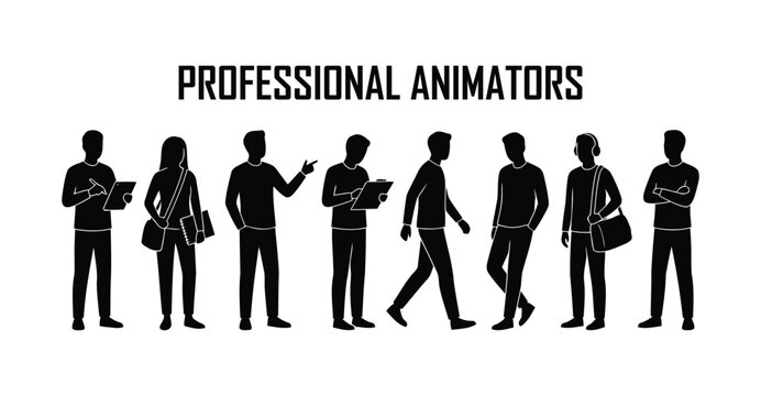 Professional animators silhouette set, creative studio production team icons, black vector people figures for media and animation industry