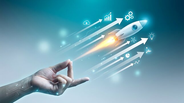 Hand launching a rocket with glowing blue business icons and arrows
