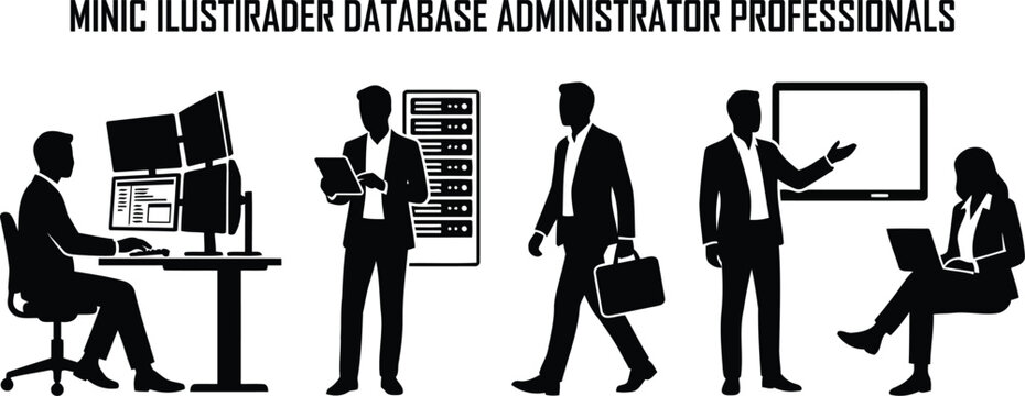 Database administrator professionals silhouette set, IT specialist and network engineer vector icons, corporate office workers in black and white