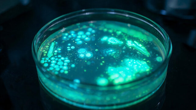 Closeup of green fluorescent bacterial colonies growing in nutrient agar petri dish under ultraviolet light, biotechnology genetic engineering research laboratory, microbiology science background