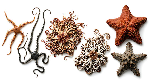Collection of isolated starfish and brittle stars on a white background, marine life