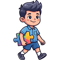 Fototapeta premium A boy walks with puzzle pieces and displays a cheerful expression outdoors