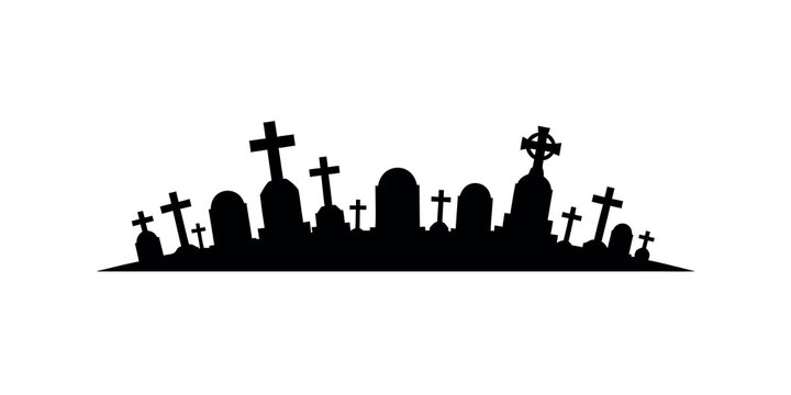 Silhouette of a spooky graveyard with tombstones and crosses.