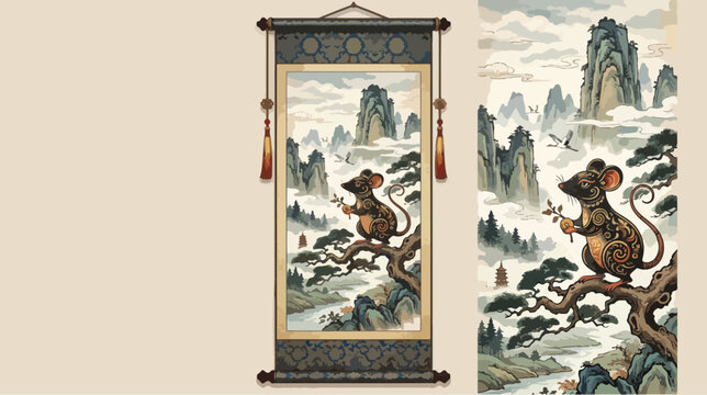 Intricate ornate mouse standing on a pine tree branch within a traditional chinese hanging silk scroll