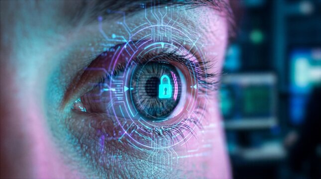 Human Eye with Biometric Iris Scan and Digital Padlock Overlay, Cybersecurity and Data Privacy Concept