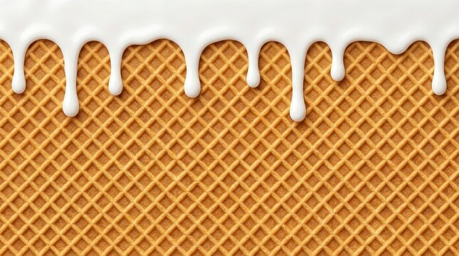 White Cream Dripping on Crispy Waffle Texture, Sweet Dessert Background and Food Concept