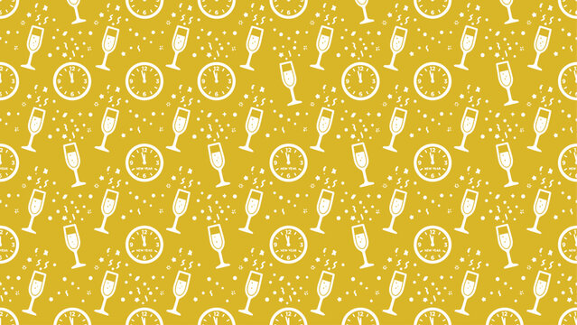 Seamless New Year pattern with champagne glasses and clocks on a yellow background