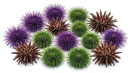 Obraz premium A diverse collection of isolated sea urchins with spiky textures and vibrant colors