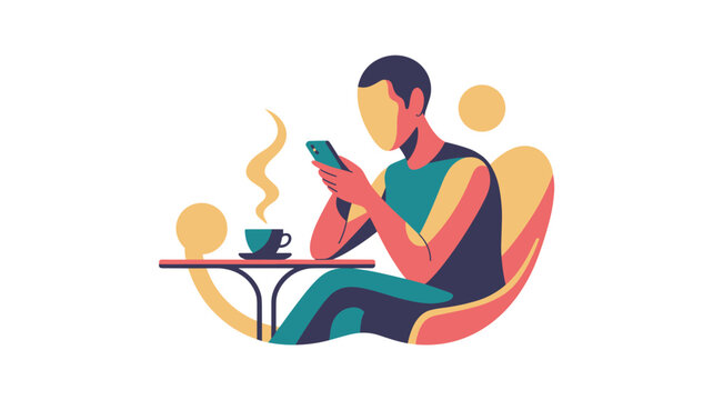 An individual rests in a comfortable armchair checking a mobile device beside a steaming cup of coffee in a warm, inviting, and cozy setting.