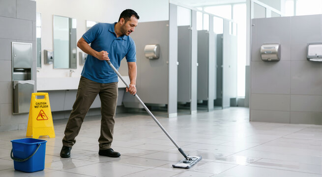 Male janitor in uniform mopping the tiled floor of a commercial public restroom. Cleaner working with a flat mop near a yellow caution wet floor sign and blue bucket. Facility maintenance concept