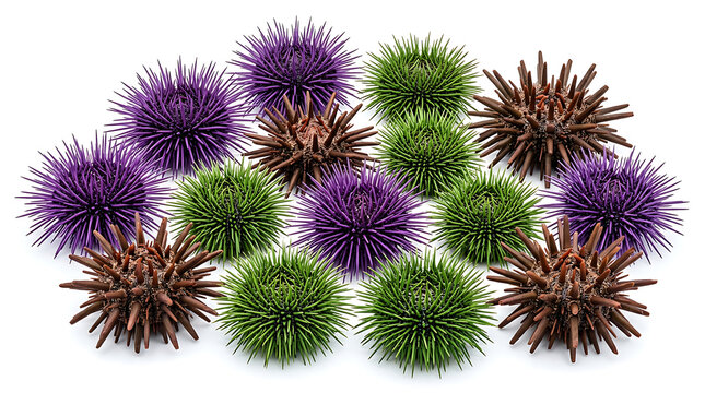 A diverse collection of isolated sea urchins with spiky textures and vibrant colors