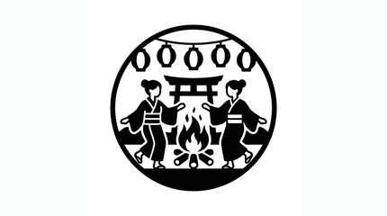 Fototapeta premium A circular black and white illustration featuring two women dancing in traditional kimonos near a bonfire and a torii gate.