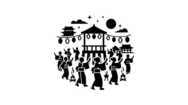 Silhouetted group of people performing a traditional Japanese Bon Odori dance at a summer festival.