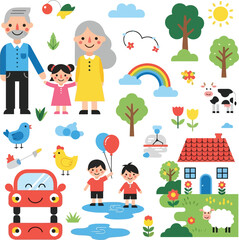 Fototapeta premium Colorful cartoon family and children outdoor activity illustration set with houses, trees, animals and school elements