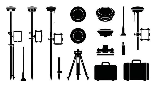 Geodetic surveying equipment silhouettes set with GNSS receivers, Icons representing modern geodetic and land surveying tools, including GNSS RTK receivers, survey poles, tripods, tablets, antennas, 