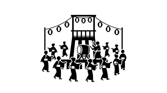 A black and white illustration of people dancing in a circle around a traditional Japanese drum tower.