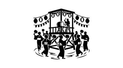 Obraz premium A black and white illustration of people dancing around a traditional Japanese festival tower.