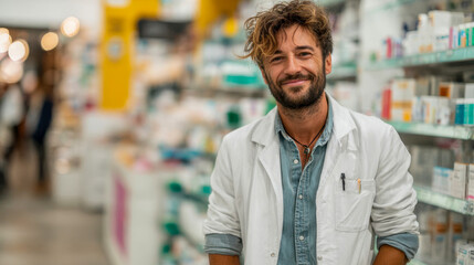 Obraz premium Smiling man in white coat stands in pharmacy aisle filled with products and medicines in bright store environment