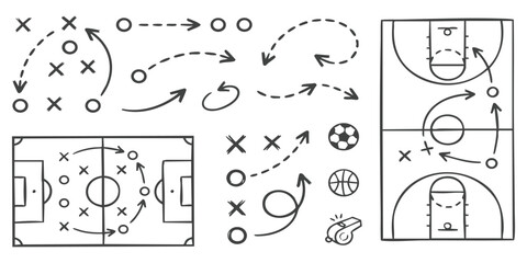 Hand drawn soccer and basketball tactics board strategy play diagrams with arrows and sports equipment icons © GraphixEra