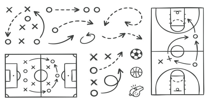 Hand drawn soccer and basketball tactics board strategy play diagrams with arrows and sports equipment icons
