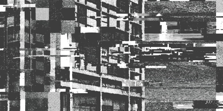 Abstract digital glitch art with distorted black and white pixel patterns and broken screen signal effects