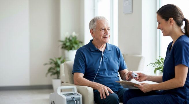 Elderly man with nasal cannula receiving care from a female nurse. Healthcare professional holding a pulse oximeter and clipboard in a clinic