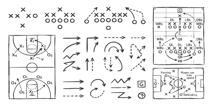 Hand drawn sports tactics diagrams with football and basketball plays and movement arrows for strategy plan