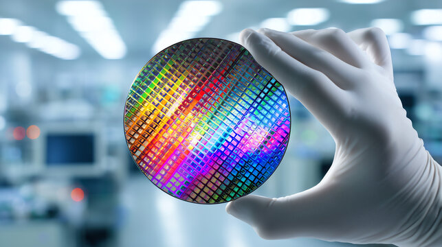 Gloved hand holding a mirror finish silicon wafer reflecting colorful diffraction patterns in a softly lit semiconductor cleanroom