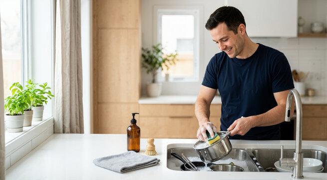 Smiling man washing a stainless steel pot in a kitchen sink. Happy male adult doing dishes with a sponge and soapy water. Positive household chores concept