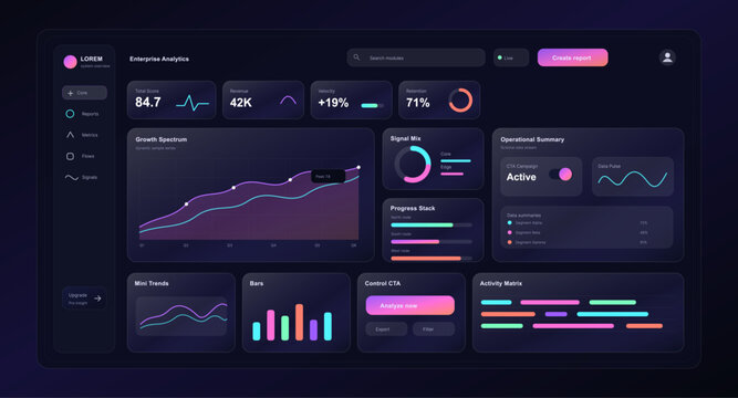 Enterprise Analytics Dashboard UI Vector. Dark enterprise analytics dashboard with growth spectrum chart, KPI cards, signal mix, progress stack, operational summary, activity, CTA controls. Vector