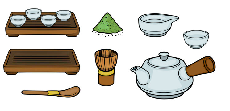 Set of Japanese tea ceremony utensils, vector illustration