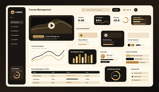 Course Management Dashboard UI Vector. Warm education dashboard UI with featured video class, learning progress, enrollment chart, course marketplace, instructor profile. Vector management panel