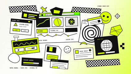 Cyber Desk Kit Retro UI Vector. Y2K Retro cyber desk kit with browser panels, alert box, status board, signal charts, update queue, world grid, smiley icons and bold black neon lime accents. Vector © marikova