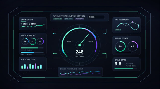 Automotive Telemetry Control HUD UI Vector. Dark automotive telemetry HUD UI with central speed gauge, engine pulse matrix, sensor array, navigation graph, radial power, drive stats. Vector 