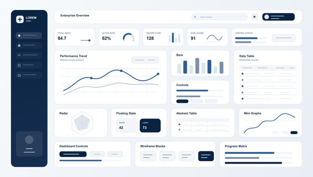 Enterprise Overview Dashboard UI Vector. Clean enterprise dashboard UI with performance trend, KPI cards, data table, radar chart, controls, mini graphs, wireframe blocks.