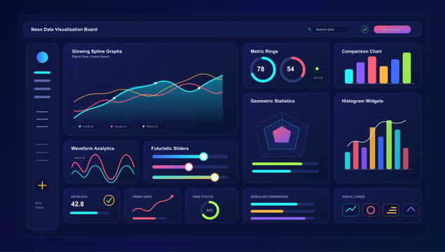 Neon Data Visualization Dashboard UI Vector. Dark neon data dashboard UI with spline graphs, metric rings, comparison chart, waveform analytics, sliders, histogram widgets and visual cards. Vector