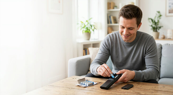 Smiling man replacing batteries in a black remote control. Adult male sitting on sofa doing everyday household task. Copy space for text