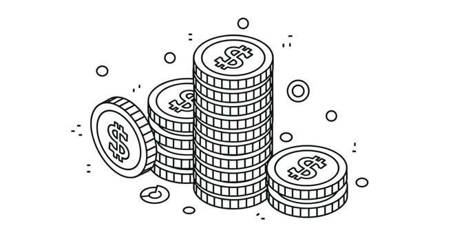 Isometric black and white line drawing illustration of several tall stacks of dollar coins with scattered icons.