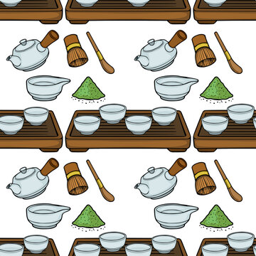 Seamless vector pattern of traditional Japanese matcha tea ceremony elements, including a teapot, whisk, scoop, and bowls on a tray.