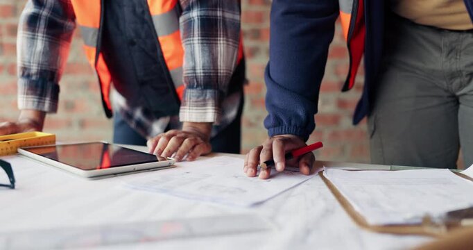 Writing, hands or team with blueprint at construction site, expansion layout or floor plan update. Property development, architect or people with schematic for building, scale review or engineering
