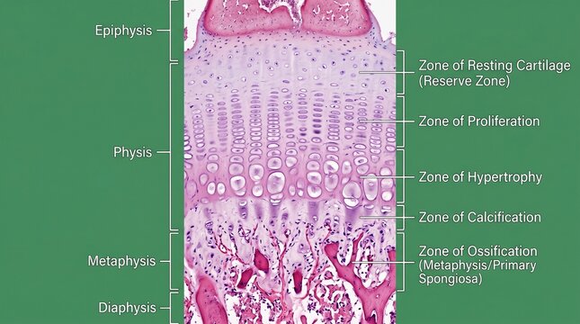 Microscopic view of skeletal growth plate tissue with cellular structure and bone formation